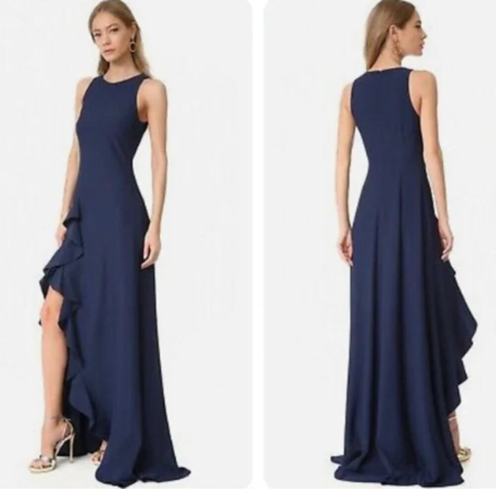 ZAC Zac Posen Janice Gown Women's 2 Navy Crew Neck Ruffle Slit Maxi NWT